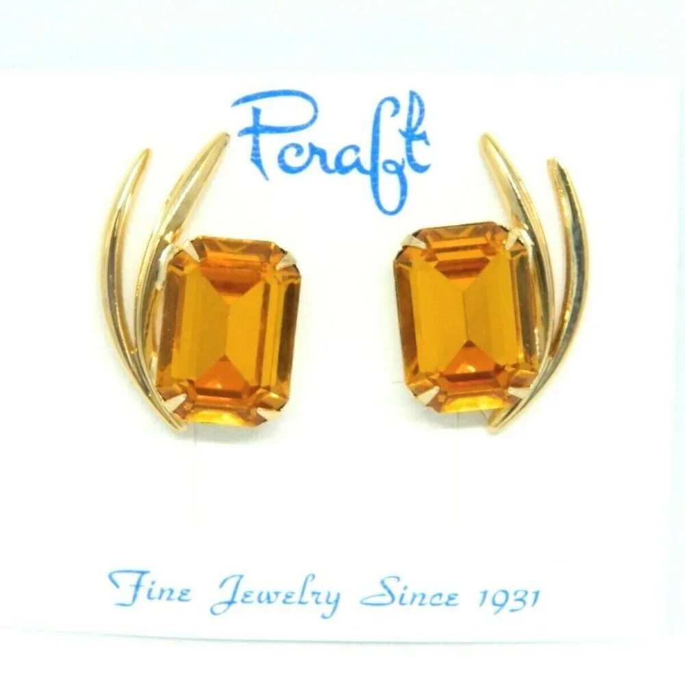 Pcraft Topaz Glass Rhinestone Gold Tone Modernist